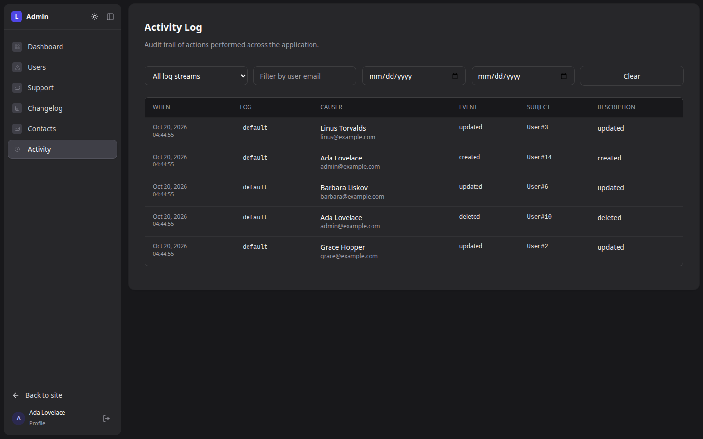The activity log viewer with filters and a list of events