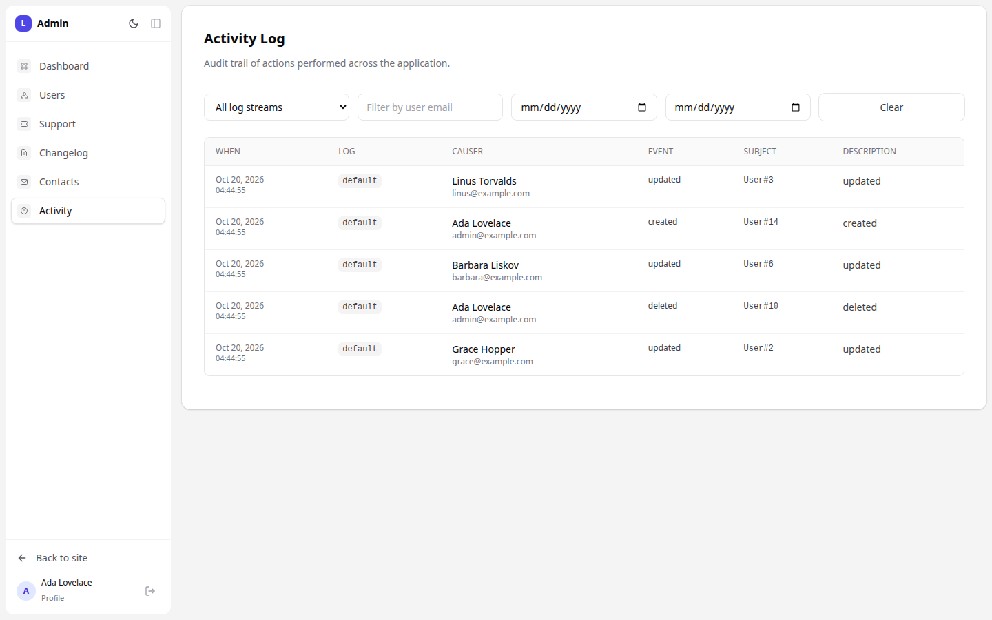 The activity log viewer with filters and a list of events