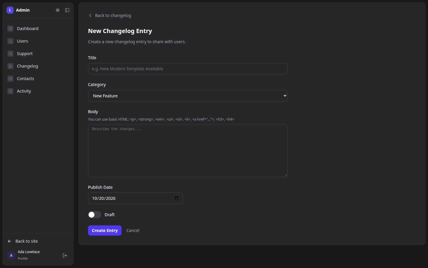 The changelog entry form