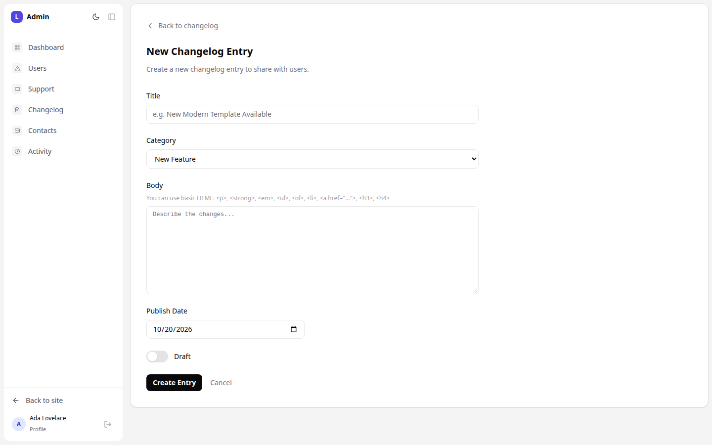 The changelog entry form