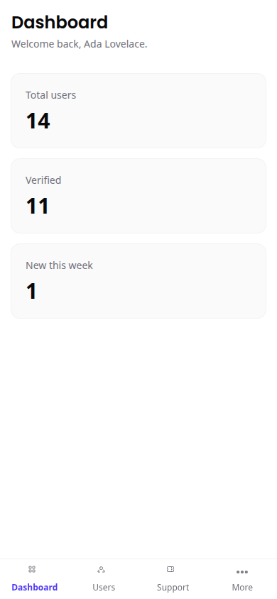 The admin dashboard on a phone with the bottom navigation bar