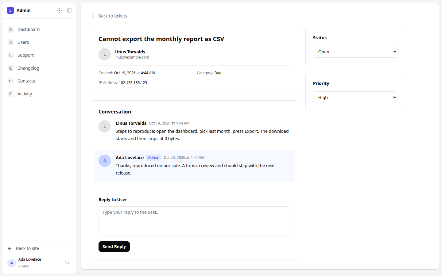 A single ticket with its replies and the reply form