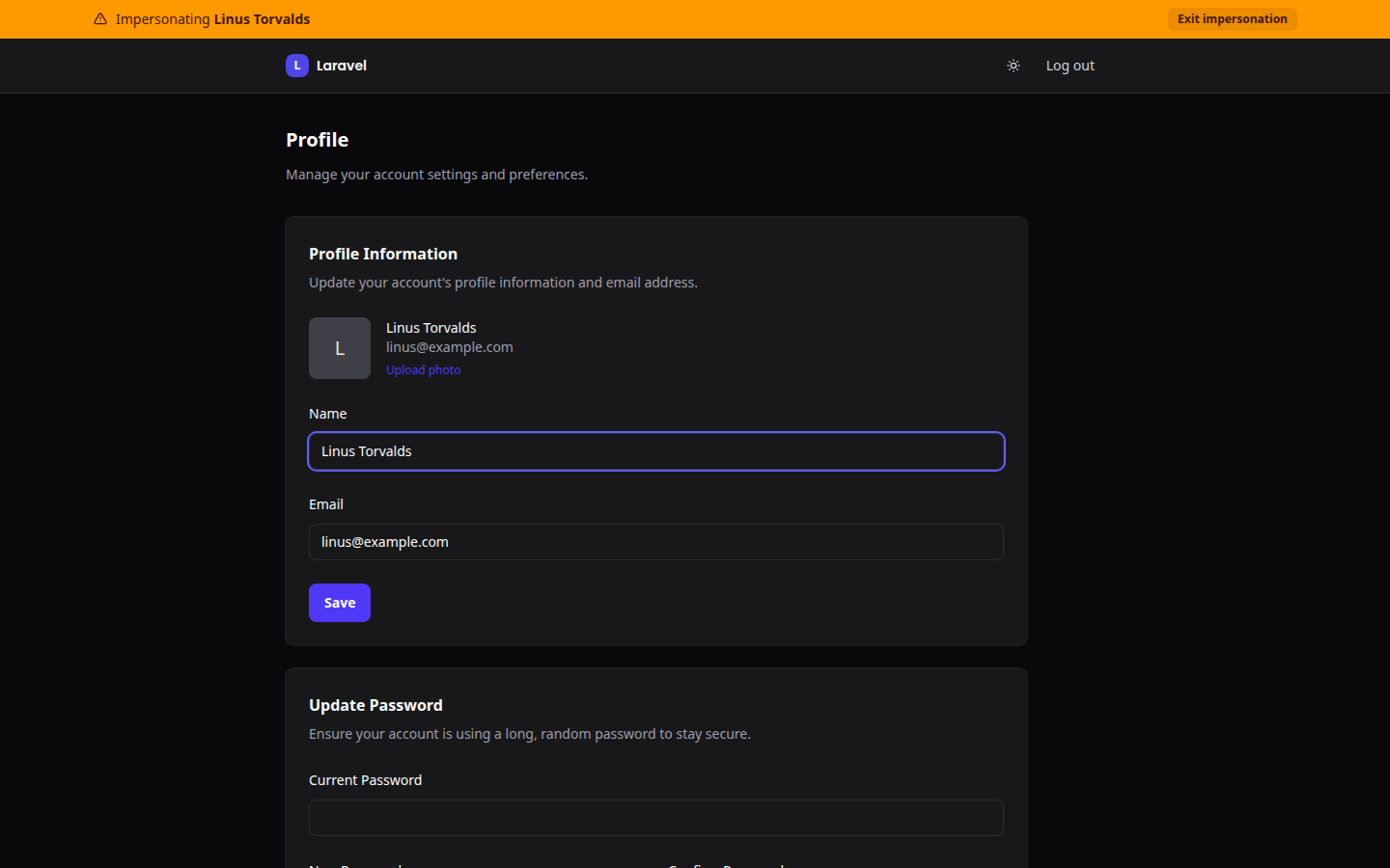 The profile page with the amber impersonation ribbon across the top
