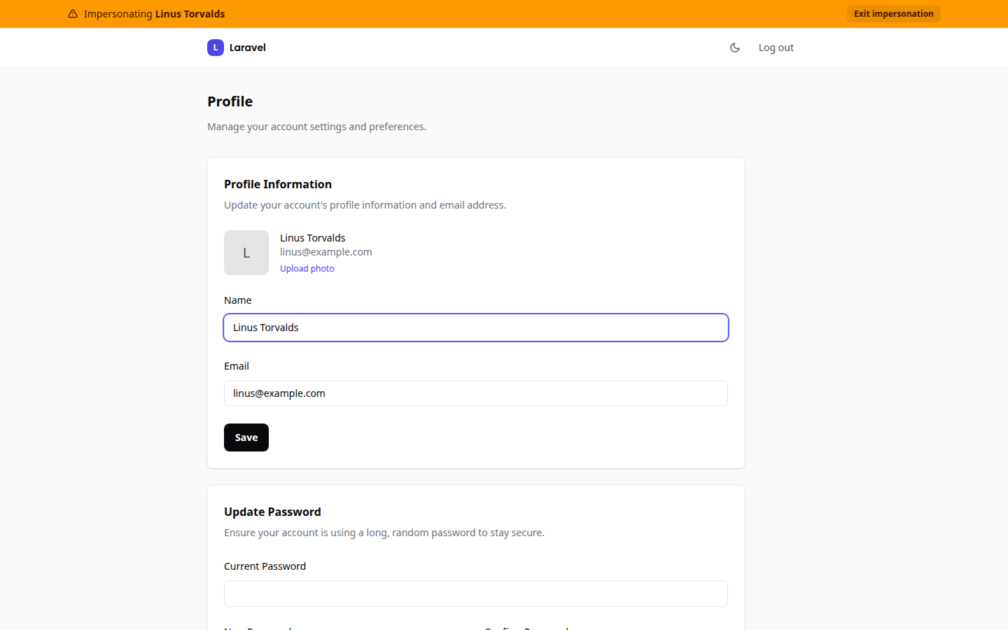 The profile page with the amber impersonation ribbon across the top