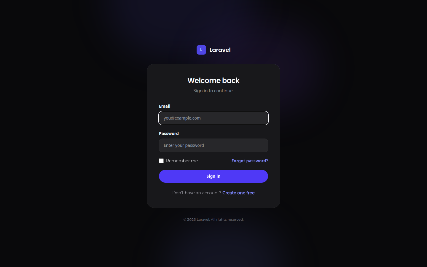 The login page with email, password and remember-me fields