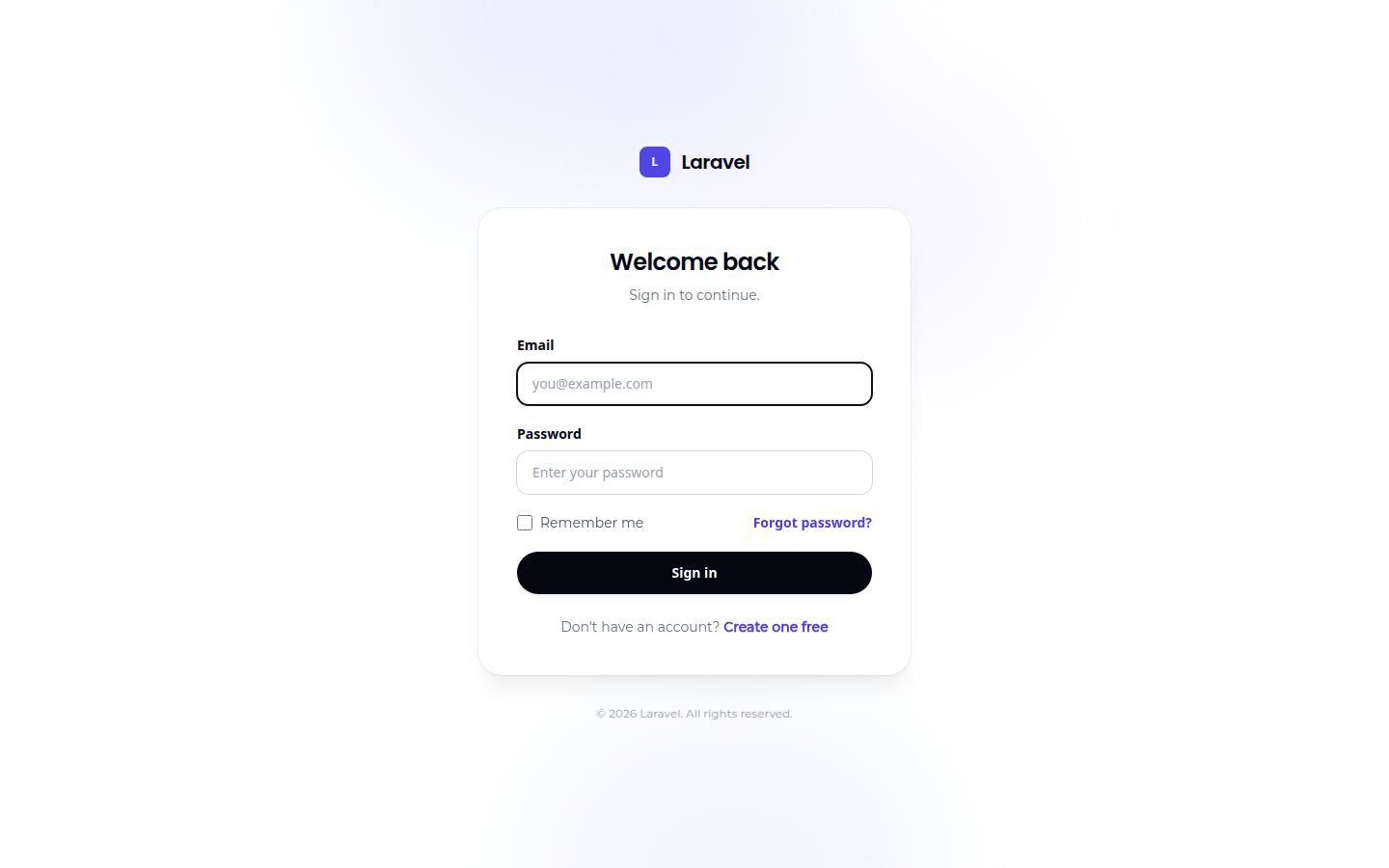 The login page with email, password and remember-me fields