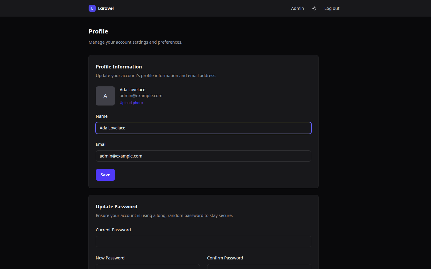 The profile page with its information, password, two-factor and delete-account cards
