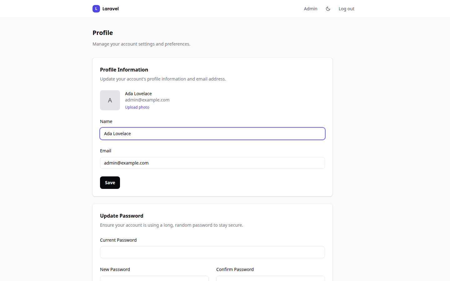 The profile page with its information, password, two-factor and delete-account cards