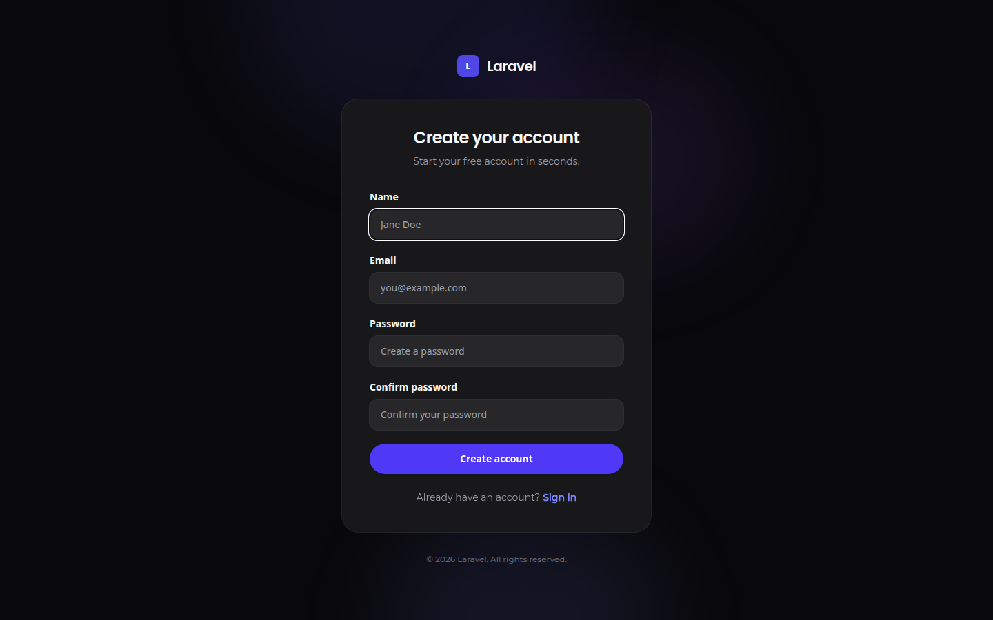 The registration page