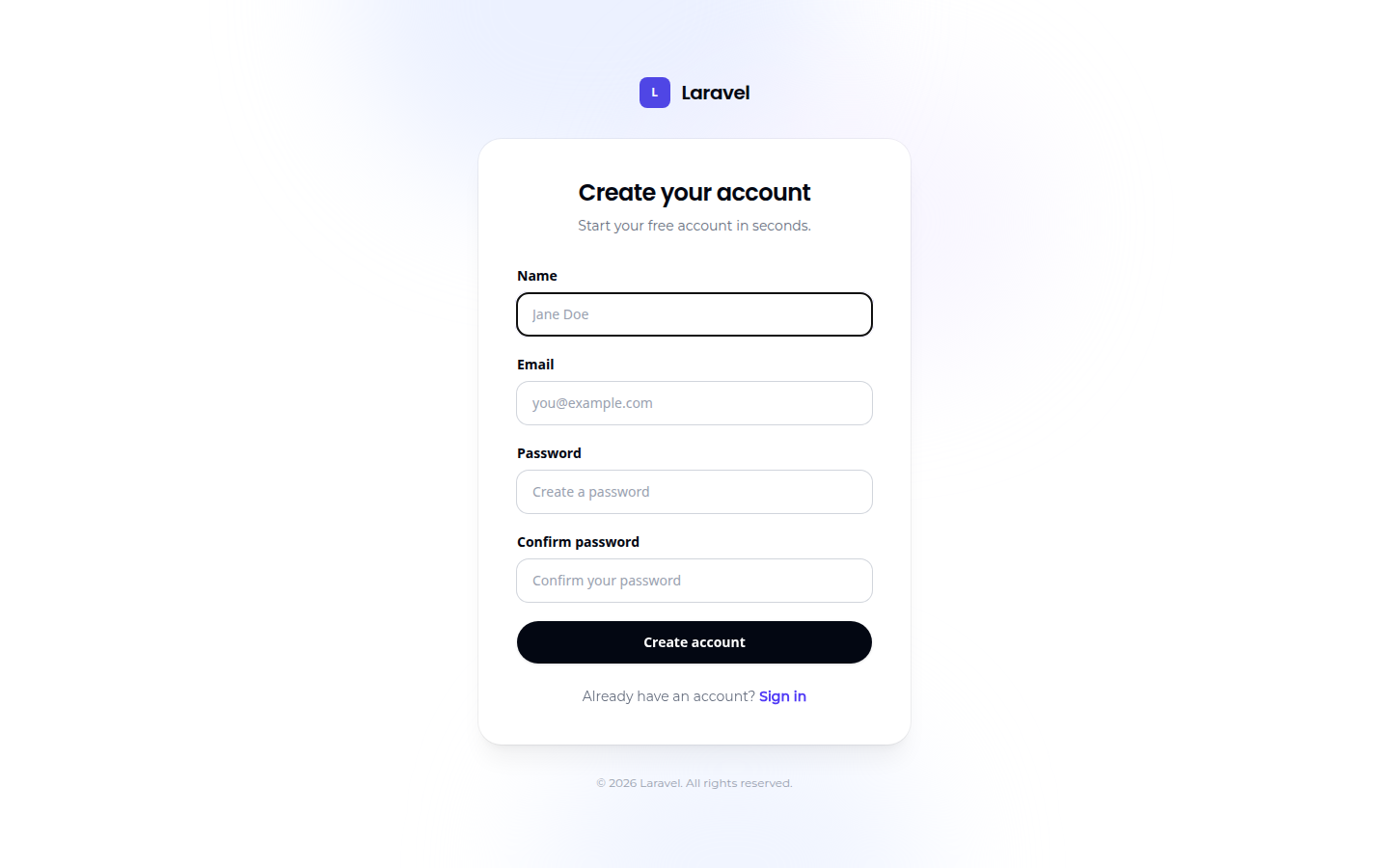 The registration page